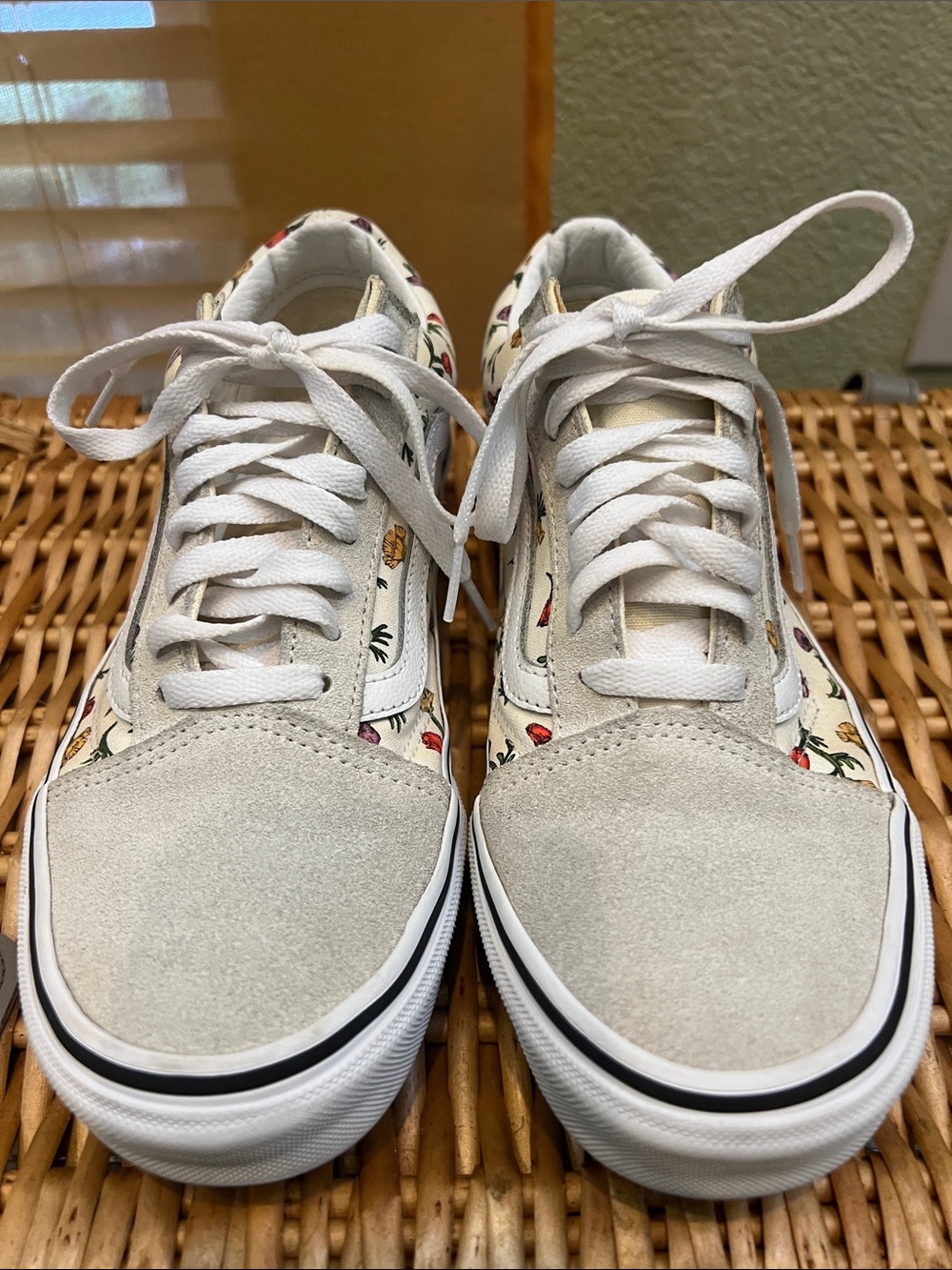 Vans Women's Old Skool Floral Suede and Canvas Sneakers in Cream/White.M=7 W=8.5